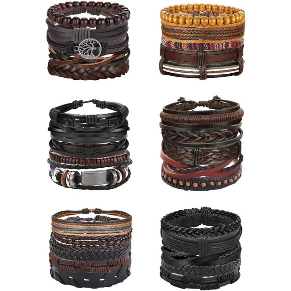 30Pcs Men's Women's Leather & Wood Beaded Woven Ethnic Tribal Bracelets Set Adju - Picture 1 of 5